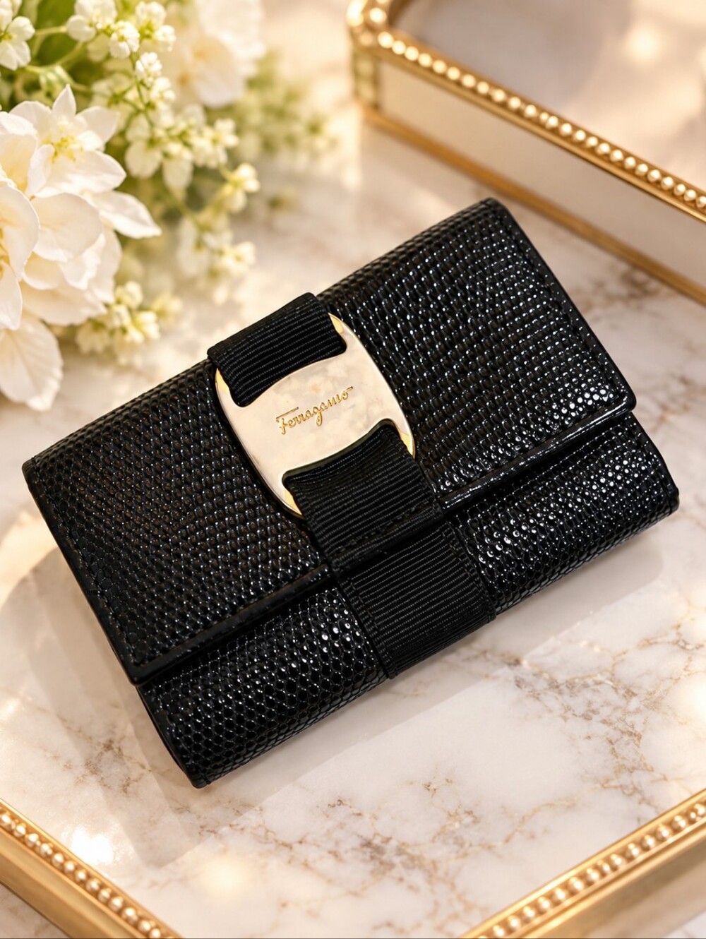 Ferragamo Black Vara Bow Leather 6-Key Wallet Holder Gold Hardware
